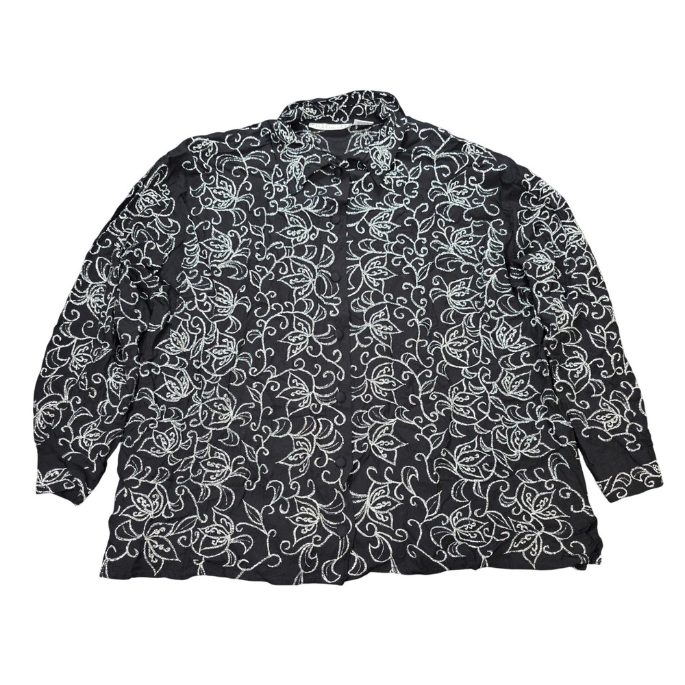 VTG Bali Emerald Metallic Floral Blouse Women's Size Black Silver Embroidered